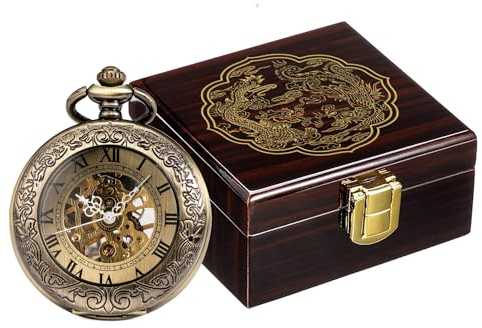 ManChDa Taschenuhren in Premium glänzenden hölzernen Geschenk Box Mechanisch Taschenuhr und Kette Skelett Lupe Abdeckung Fob Uhr mit glücklichem Drachen und Phönix Display Box Bronze