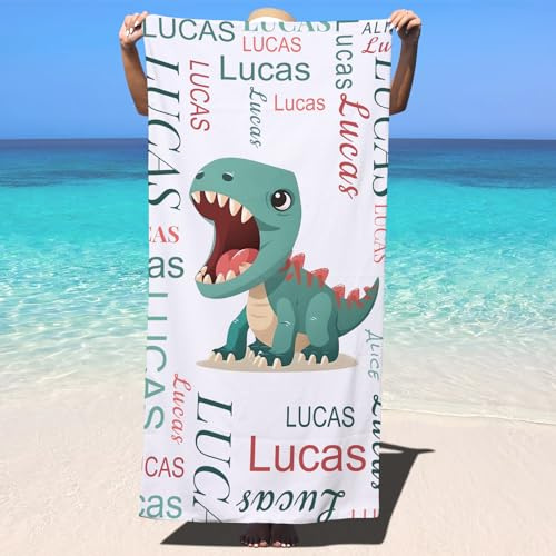 SearchI Personalised Beach Towel with Name 150x75cm,Custom Bath Towels with Name for Swimming Pool Bathroom Camping Travel,Quick Dry Microfiber Beach Towel for Adults Kids Lovers Birthday-Dinosaur