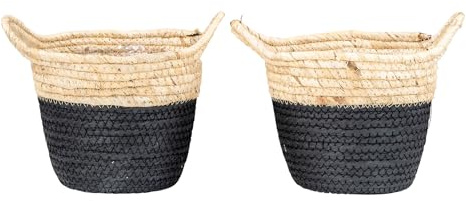 Lot de 2 corbeilles rondes - Hauteur : 19 cm - Noir naturel - Tressé - Décoration bohème - Décoration de table - Décoration de salle de bain