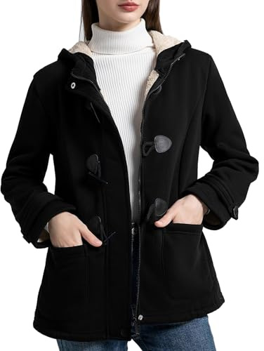 Flygo Sherpa Lined Winter Jackets for Women Fleece Hoodie Jacket Warm Fall Winter Toggle Duffle Coats(Black-XL)