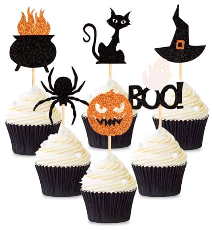 Blumomon 24Pcs Happy Halloween Cupcake Toppers Glitter Pumpkin Witch Spider Cupcake Picks Halloween Theme Birthday Anniversary Babyshower Party Supplies