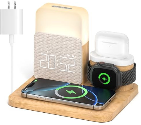 Alarm Clock Charging Station for Bedrooms, 7 in 1 Wireless Charging Station, Magnetic Charger with Night Light Bedside Clock for iPhone 17 16 15 14 13 12 Pro Max, Apple Watch, AirPods (Wood)