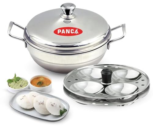 PANCA Stainless Steel Multi Purpose Kadai with Steel Lid, idli Maker 2 Plates 8 Cavity Idli Cooker