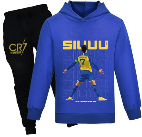 Temolie Survêtement pour enfants à capuche et pantalon de jogging 2 pièces pour garçons et filles - Imprimé football décontracté - Ensemble sweat à capuche et pantalon de jogging - 4 à 13 ans, bleu, 7