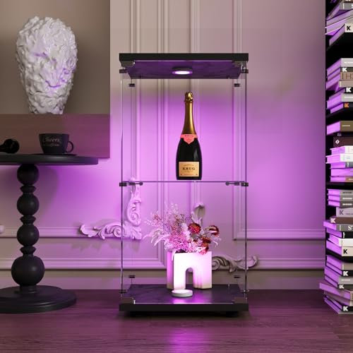 DAHUEN Glasvitrine Standvitrine(86X40X37CM) mit LED-Beleuchtung Und Schloss, 2 Lagen Glas Vitrine Sammlervitrine Vitrinenschrank, für Bar, Wohnzimmer, Schlafzimmer, Büro (Schwarz)