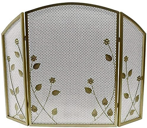 KOIAMVZW Parascintille per Camino Pieghevole a 3 Pannelli con Decorazione a Rete e Rami, parascintille di Sicurezza per Animali Domestici e Bambini per caminetti/stufe/Griglie, Oro Decoration