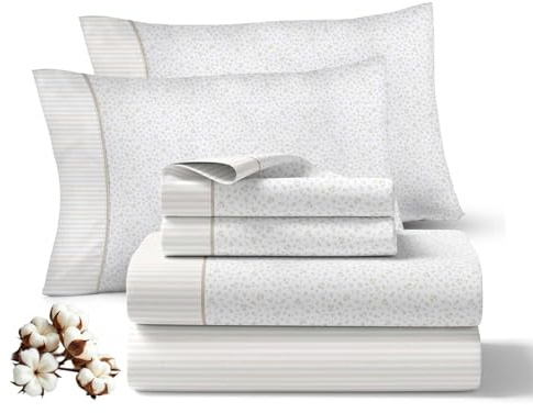Juegos de Sabanas 150x200CM 4 Piezas 100% Algodón 144 Hilos Ajuste preciso colchon 30CM Suaves Transpirables Lavables Diarias Ropa Cama Hogar Modelo Abrazo Color Beige 2 Fundas Almohada