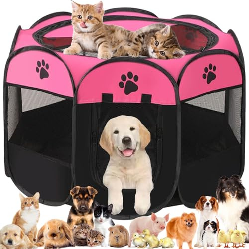 Pet Playpen Portable Dog Pen Foldable Pop Up Cat Play Pen, Oxford Fabric Soft Dog Crate Cage Puppy Pen for Indoors Outdoor Travel, Cat Tent Whelping Box for Kitten Rabbit Hamster Guinea Pig (Pink M)