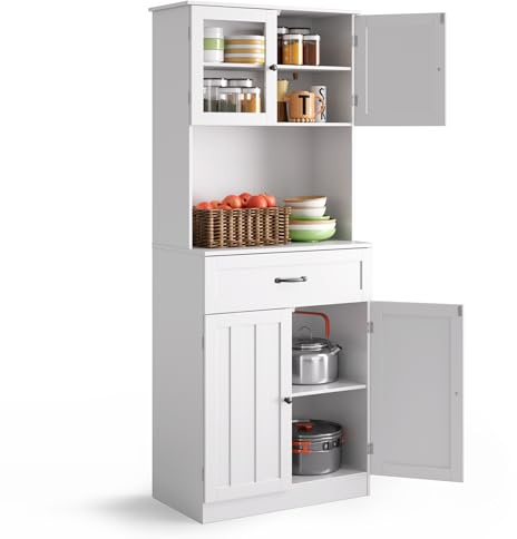 Blishom Küchenschrank, Buffetschrank mit Schublade, Küchenschrank mit Arbeitsfläche, Vorratsschrank mit verstellbaren Einlegeböden, Glastüren, Kabelloch, für Küche und Esszimmer, 180x73x41 cm, Weiß