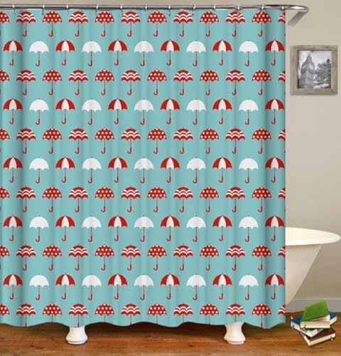 Cortina Ducha 180x180cm 3D Paraguas Rojo Azul, Cortina de Ducha Antimoho Paraguas Rojo Azul, Cortinas de Baño Impermeable Lavable Poliéster Cortinas Bañera con 12 Ganchos, Shower Curtian b2067