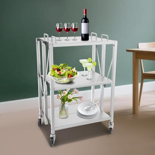 Carro de servir con ruedas, 3 niveles plegable de acero inoxidable, mesa giratoria de metal resistente, carrito de cocina con encimera y asas de acero inoxidable, ideal para restaurante, cocina y