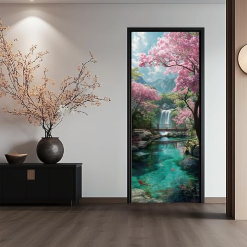 arricraft 2 adesivi autoadesivi per porta, 80 x 200 cm, paesaggi orientali, paesaggi naturali, alberi di ciliegio, murales per porta, in PVC, rimovibile, decorazione per camere da letto e soggiorno