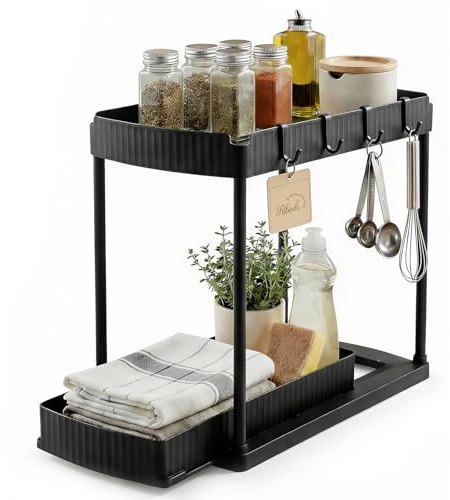Ribech Organizador bajo Fregadero 2 Niveles con Cajón Extraíble – Sin Herramientas Estante con 4 Ganchos, para Baño & Cocina, Negro
