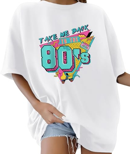 Lonya T-Shirt Oversize pour Femme à col Rond Manche Courte Tee Shirt Grande Taille Lettres Créatives 80s années 80 Vintage Rétro D'été Décontracté Coton Loose Haut Imprimé Streetwear, 1A-Blanc, M