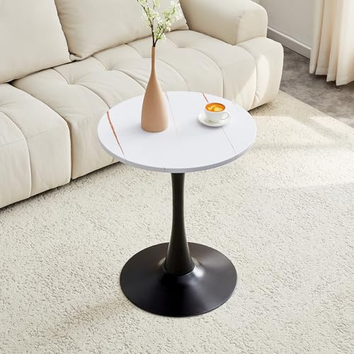 Hmluxury Runder Beistelltisch 60cm, Weiß Maserierte Thermoform-MDF-Platte Auf Schwarzem Stützfuß - Perfekt Fürs Wohnzimmer, Sofa Oder Als Esstisch