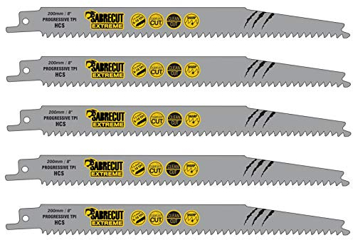 SabreCut SCRS2345X_5 - Juego de 5 hojas de sierra de sable alternante de corte rápido para madera (200 mm, 6-10 TPI, S2345X, compatible con Bosch, Dewalt, Makita y muchos otros)