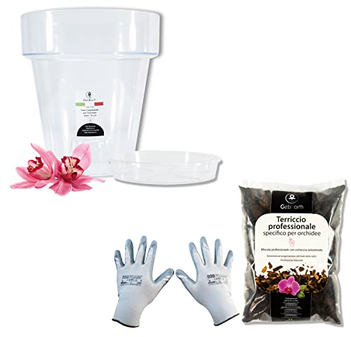 GebEarth - Kit de rempotage pour orchidées : Pot Transparent pour orchidées, 4 Trous de Drainage et Soucoupe + terreau spécifique pour orchidées 1L, Gants de Jardinage (16mm)