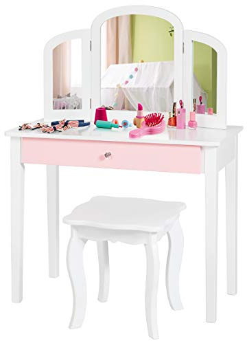 COSTWAY Coiffeuse pour Enfants avec Miroir à Trois Volets, Ensemble de Coiffeuse 2-en-1 avec Dessus Amovible, Tabouret Inclus, Jeu de Simulation de Beauté pour Filles (Blanc)