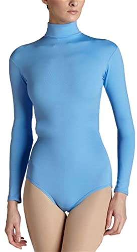 Lifup Mujer Traje de Baile Leotardo Elástico Danza Body Monos Maillots con Cuello Alto de Manga Larga azul 2XL