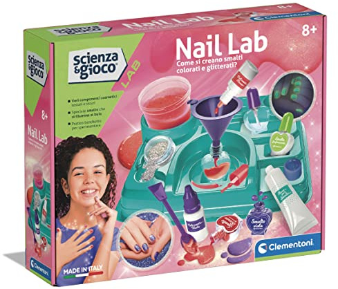 Clementoni Scienza e Gioco Lab - Nail Lab, Kit Scientifico per Creare Smalti Personalizzati, per Bambine 8+ Anni, Gioco con Glitter, Coloranti e Smalto Fluo, Made in Italy, Lingua Italiana, 19326