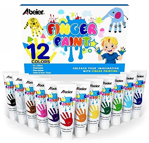 ABEIER Finger Paint for Toddlers, Non-Toxic, 12 Vibrant Colors (1.21fl oz), Baby Safe Paint for Hand and Feet, Mess Free Art Supplies for Kids, Preschool Learning Gifts, Ages 3 4 5 6+
