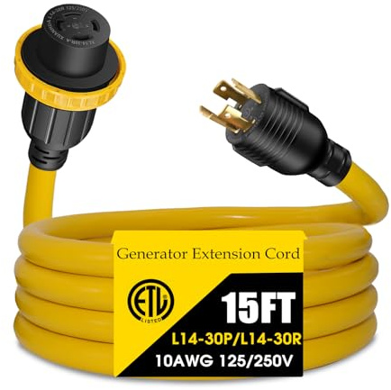 LAZMUMI 30 Amp Generator Extension Cord 4 Prong 125/250V Up to 7500W, NEMA L14-30P to L14-30R, 10 Gauge SJTW Generator Power Locking Cord for Manual Transfer Switch and Portable Generators (15FT)