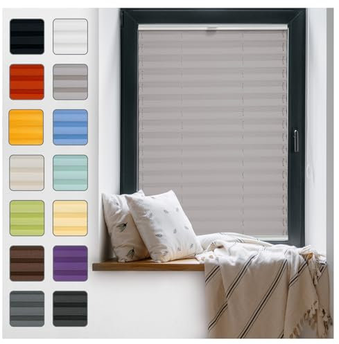 Fenster Plissee ohne Bohren zum Kleben Innenrahmen - Thermo Plisseerollo Innen - Rollo Jalousie, Halterungen auf Rahmen, Faltrollo, Sichtschutz, Blickdicht, für Fenster & Tür - Grau, 90 x 200 cm