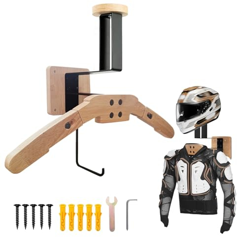 Helmhalterung Wand,Motorrad Garderobe,Hergestellt aus Edelstahl Und Holz,Vielseitige Helmhalter fürTaktische Weste Helm Platte TräGer,Motorrad,FußBall & RadfahrerausrüStung (Holzfarbe)