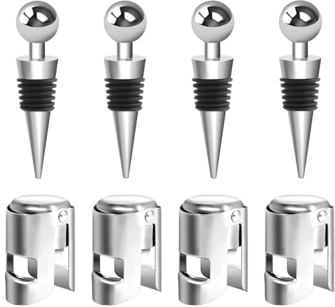 4 Tappi Vino e 4 Tappo Vino, Tappi per Chiudi Bottiglie Tappi per Bottiglie di Vino Tappi per Spumante, Tappo Champagne in Acciaio Inox Tappo Vino Frizzante Riutilizzabile