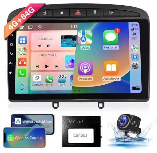 【8 Núcleo 4+64G】 Hodozzy Carplay Radio Coche para Peugeot 308 408 2008-2015,9 Pulgadas Autorradio Android con Pantalla Táctil con Android Auto/WiFi/GPS/RDS/FM/Bluetooth/USB+Cámara de Visión Trasera