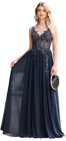 Misshow Luxuriöses Abendkleid für Zeremonie, lang, Pailletten, Perlen, mit Applikationen aus floralem Chiffon, marineblau, 34