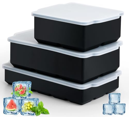 Eiswürfelform mit Deckel | 3 Stück Silikon Eiswürfelformen BPA Frei | Stapelbar 5cm & 3.3cm Eiswürfel Eiswürfelbehälter | Silikon Eiswürfelschalen für Wasser, Getränke, Whiskey, Cocktail, Kaffee