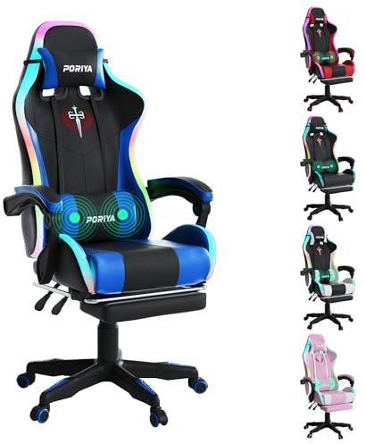 PORIYA Gaming Chair with Adjustable Backrest, Ergonomic Executive Office Chair, Height Adjustable Racing Chair Maximum Gaming Experience (Blue Massage&LED)