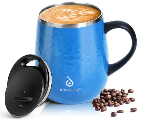Ideus 16 oz Insulated Coffee Mug with Handle and Lid, Double Wall Stainless Steel Vacuum Insulated Tumbler Cup, Travel Coffee Cup Thermal Cup for Home Office (Leopard Blue)