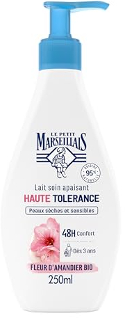 Le Petit Marseillais | Latte per la cura lenitiva ad alta tolleranza Fiore di mandorlo biologico (flacone pompa da 250 ml) - Latte corpo per pelli secche e sensibili - 95% di origine naturale e 48 ore