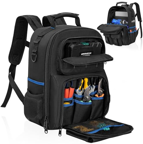 LASUK Werkzeugrucksack, robuste Werkzeugtasche mit gepolsterter Schulter und abnehmbarem Werkzeug-Organizer, wasserabweisender Arbeitsrucksack, für Elektriker, Klempner, HVAC, Kabelreparator, Schwarz