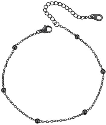 Richsteel Fußkettchen Damen Anklets Schmuck Edelstahl 3.5mm Perlenkette zierlich Sommer Fuß Kette 22cm+5cm Verlängerungskette verstellbare Größe Kette Schwarz