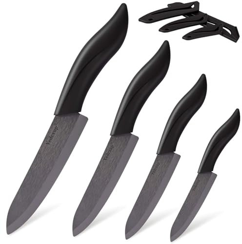 Ceramic Chef's Knife Set - Professional Sharp Knives With Cover, Includes 3 Paring knife, 4 Fruit Knife, 5 Utility knife, 6 Chef's Knife (Black)
