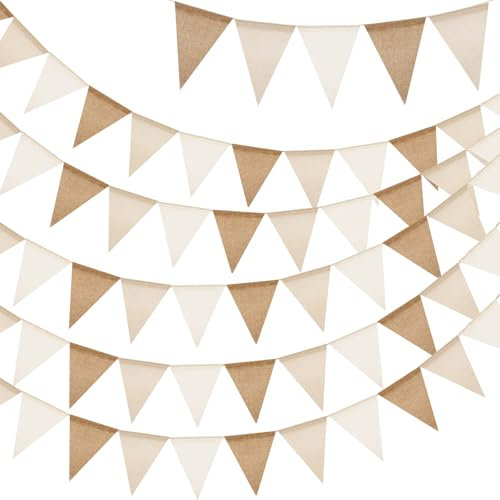 G2PLUS Wimpelkette Outdoor Wetterfest Braun Beige, 20M Indoor Party Wimpel Girlanden, Wimpelketten Garten mit 60 STK Wimpel, 5 Stück Rustikal Boho Wimpelkette für Baby Shower, Hochzeit, Geburtstag