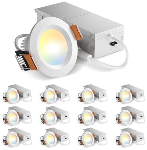 Amico 12 Pack 2 Inch 5CCT Ultra-Thin LED Canless Recessed Ceiling Light with Junction Box, 2700K/3000K/3500K/4000K/5000K Selectable, CRI90+, 6W=40W, 350LM, Dimmable Canless Wafer Downlight-ETL&FCC