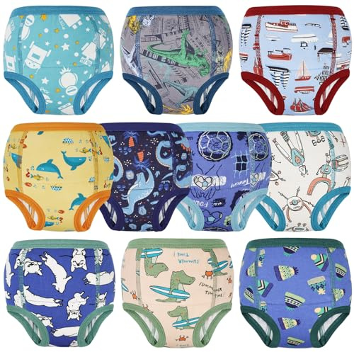 FLYISH DIRECT Potty Training Pants 100% Cotton, 10 Packs of Absorbent and Reusable Toilet Training Pants for Boys and Girls, Blue Green/10 Packs, 3 Years