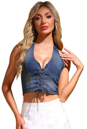 Allegra K Top De Corsé De Mezclilla para Mujer Sin Mangas Cuello Halter con Cordones Chaleco De Mezclilla Azul XL