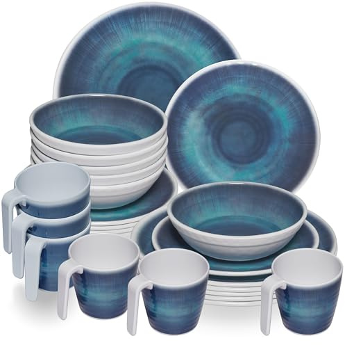 Service de table en mélamine Jesolo Bleu pour 6 personnes - 24 pièces - avec tasses Aspect grès émaillé Passe au lave-vaisselle Vaisselle de camping Accessoires de camping Vaisselle pour camping-car