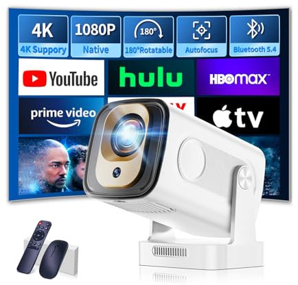 Proiettore 1080P FHD[2026 Upgraded] Mini Proiettore Portatile 4K con Bluetooth 5.4 WiFi 6 Projector TV Auto Keystone Videoproiettore con HDMI/Phone/USB/TV Stick/Laptopcon Cavo HDMI & Mouse,Bianco