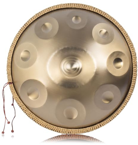 LOMUTY Handpan 432 HZ Principiante, 9 Notas 19 Pulgadas 48cm en D Menor Tambor de Acero, Handpan-Drum con Baquetas, Funda, Soporte y Partituras, para Meditación y Yoga, Oro
