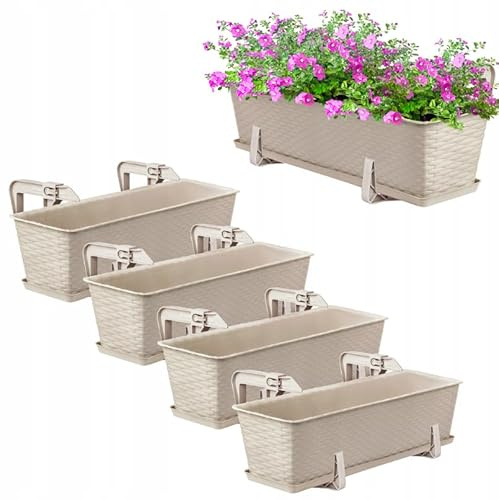 OMAGO® Set di fioriere in rattan con sistema di sospensione e supporto, vasi da balcone per fiori e piante, per balconi e ringhiere, colore beige