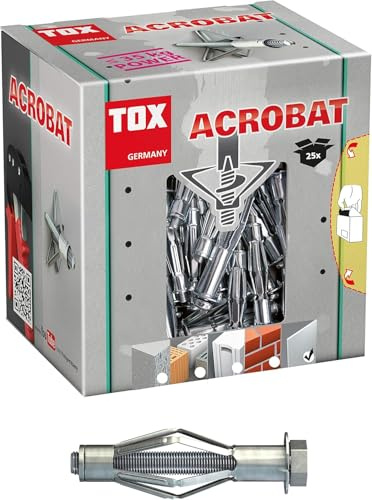 TOX Metall-Hohlraumdübel Acrobat M8 x 55 mm verzinkt mit metrischer Schraube M8 x 60 mm M, für Befestigungen in Gipskartonplatten und geringen Hohlraumtiefen, 25 Stück, 035101171