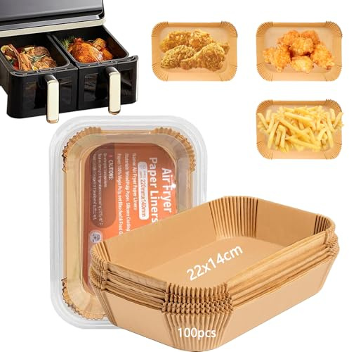 Bizcasa Papel Freidora Aire Rectangular, 100 Piezas 22x14cm,BPA Free Papel Pergamino Desechable,Antigrasa,Antiadherente Papel de Horno para Doble Air Fryer Accesorios (100 Piezas Rectangular 22x14cm)