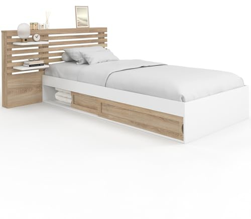 IDMarket - Lit Simple Savana avec tête de lit, chevets, rangements et sommier 90 x 190 cm façon hêtre et Blanc