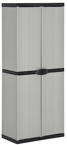 Augerlite Armoire de rangement de jardin avec 3 étagères, en PVC, 68 x 40 x 168 cm, verrouillable, gris noir, armoire de rangement polyvalente pour terrasse, cave, ménage, avec étagère et porte